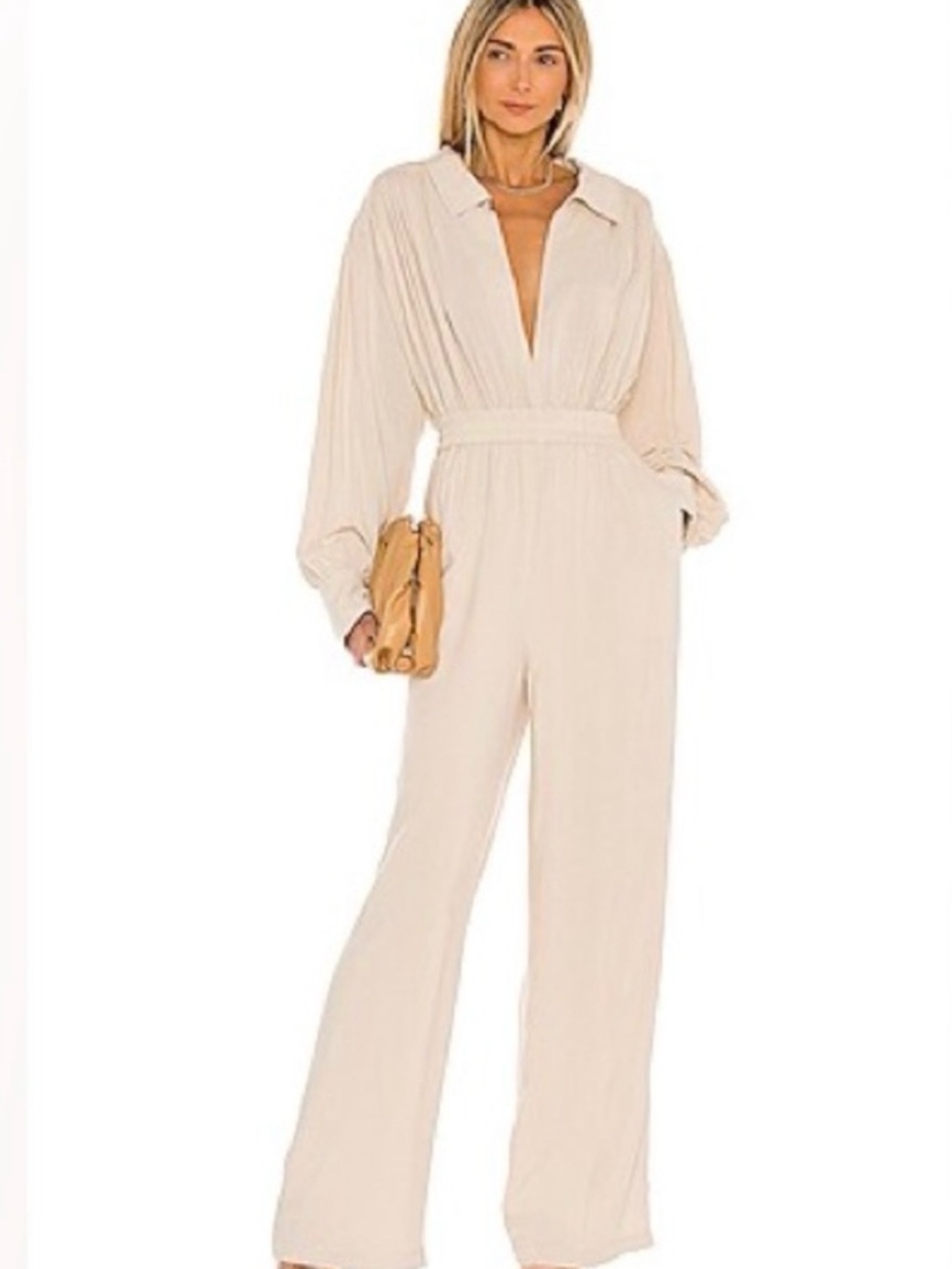 L'Academie Cream V-Neck Long Sleeve Wide-Leg Jumpsuit